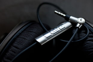 black and silver headphones, Sennheiser, headphones, music