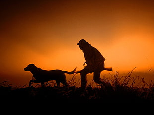 man and dog silhouette, hunting, silhouette, dog, sunset HD wallpaper
