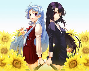 two animated female character with blue and black hair