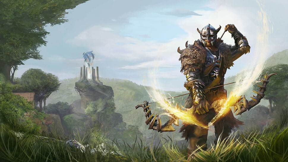 man in knight armor holding bow from game application illustration HD wallpaper