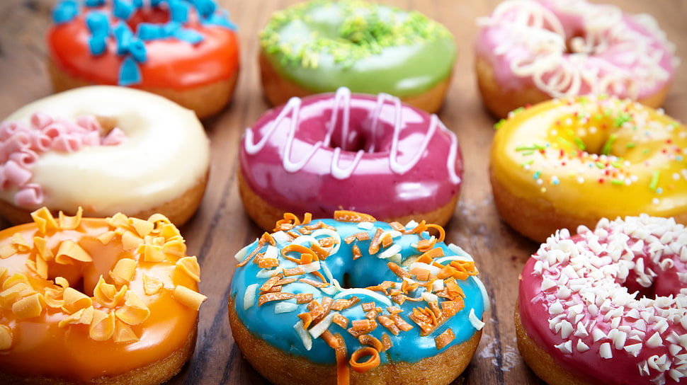 nine doughnuts with topppings, doughnuts, food, donuts, dessert HD wallpaper