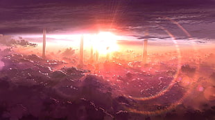 anime digital wallpaper, clouds, landscape, sun rays, sunset