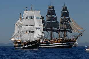 two brown and black sailboats, ship, sailing ship, sea