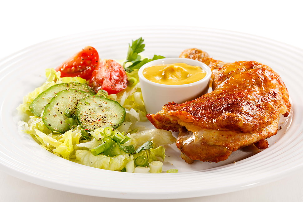 fried chicken drumstick, vegetables and mayonnaise HD wallpaper