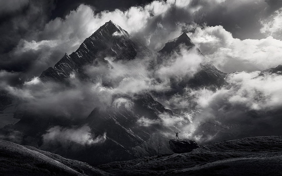 grayscale photo of mountain and clouds, nature, landscape, monochrome, mountains HD wallpaper