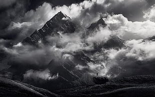 grayscale photo of mountain and clouds, nature, landscape, monochrome, mountains
