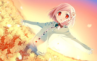 girl anime character stands on white flower field at daytime