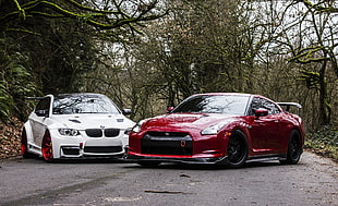 two white and red coupe's, BMW, Nissan GTR, car, lazy HD wallpaper