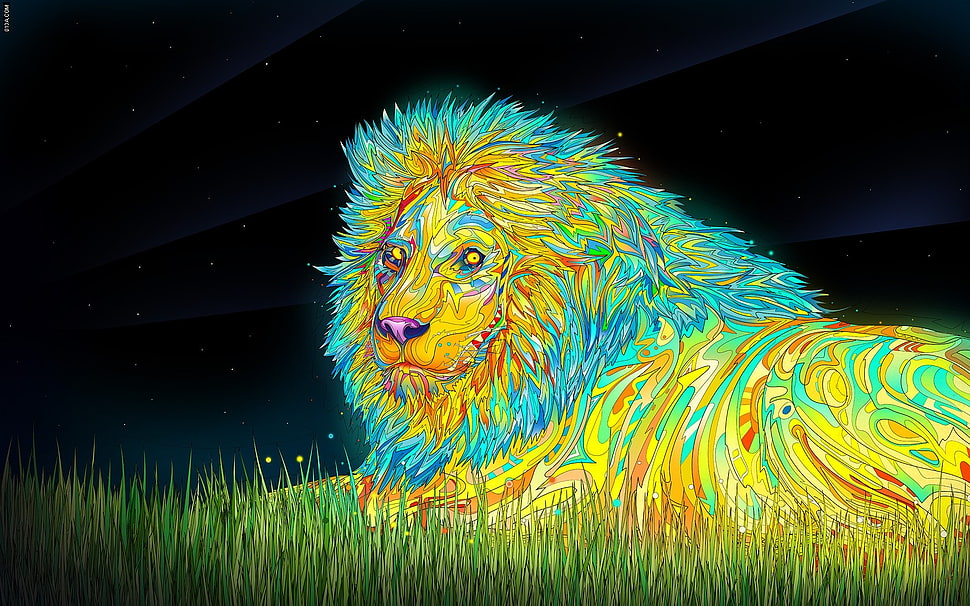 yellow and blue lion lying on grass artwork, animals, Matei Apostolescu, digital art, colorful HD wallpaper