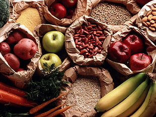 closeup photo of assorted sack of fruits and grains HD wallpaper