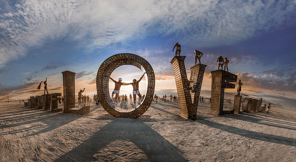 brown love freestanding letters, Burning Man, love, desert, gay HD wallpaper