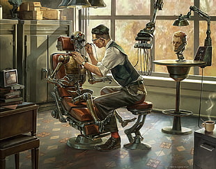 man repairing robot near window, dentist, robot, artwork