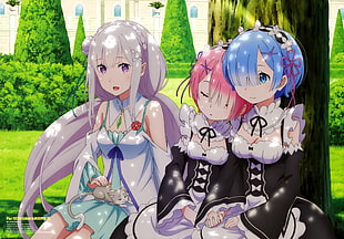 three female anime characters sitting in bench
