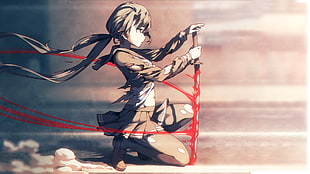 girl in school uniform holding katana digital wallpaper