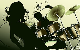 brown drum kit illustration, music, silhouette, artwork