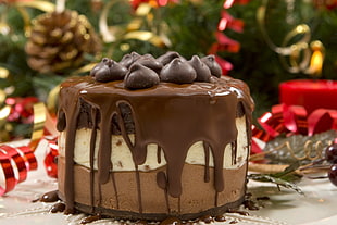 closeup photo of ice cream cake topped with chocolate
