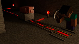black and red wooden table, Minecraft, Steve, railway, mine