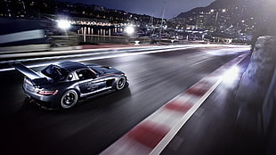 gray car on racetrack digital wallpaper, Mercedes-Benz, Mercedes-Benz SLS AMG, Monaco, vehicle