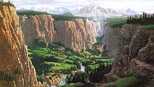 mountain with river painting