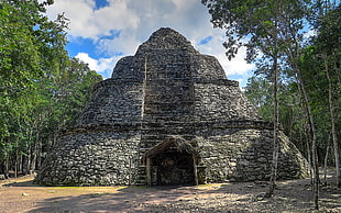 gray pyramid-style stone house, Mexico, Coba, Maya (civilization), architecture