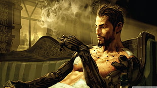 man with metal hands leaning on sofa while smoking digital wallpaper, futuristic, Deus Ex: Human Revolution, Deus Ex, cyberpunk HD wallpaper