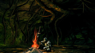 warrior beside bonfire painting, Dark Souls, artwork, video games