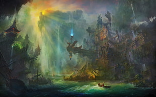 ruins beside water digital artwork, fantasy art