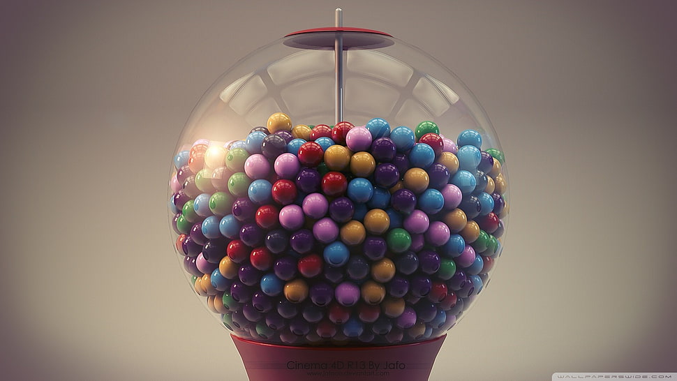 red gumball machine, bubble gum, balls, digital art, render HD wallpaper