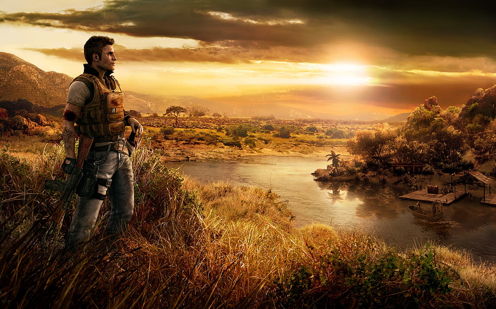 man wearing brown vest holding ak47 rifle near body of water during yellow sunset video game wallpaper HD wallpaper