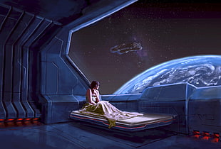 woman inside spaceship looking on planet
