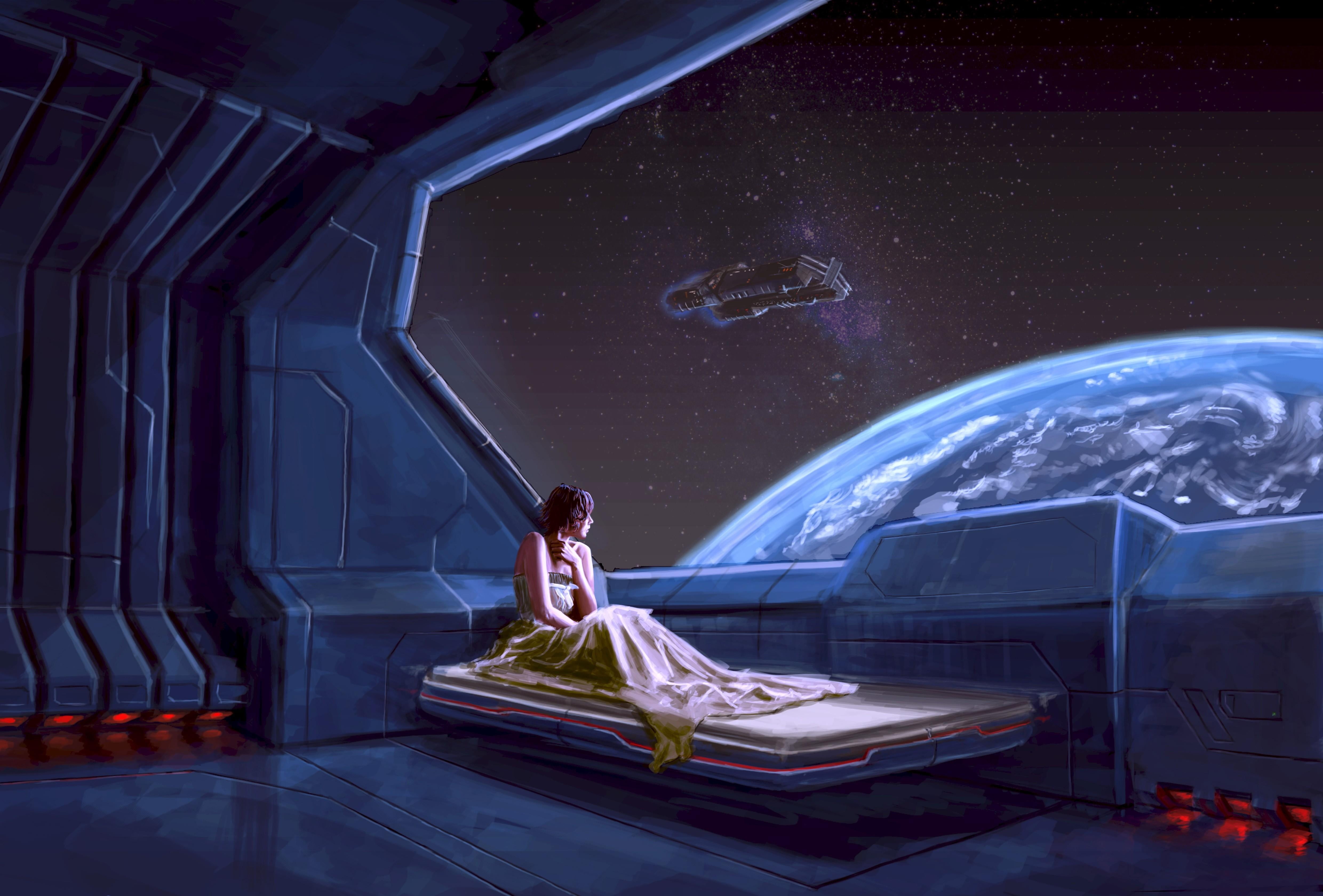 Woman inside spaceship looking on planet HD wallpaper | Wallpaper Flare