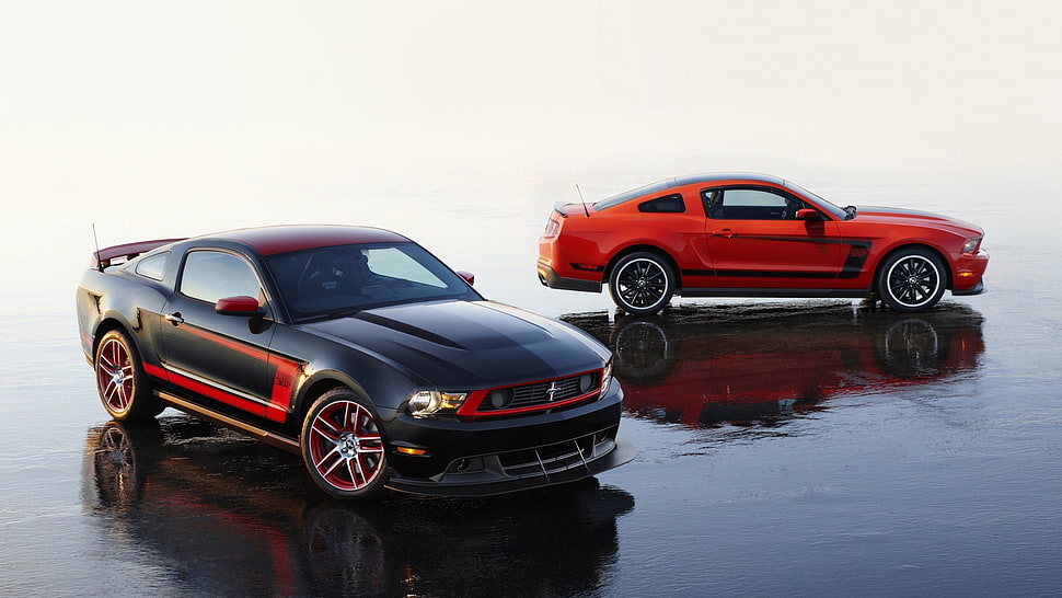 two black and red Ford Mustang coupe, car HD wallpaper