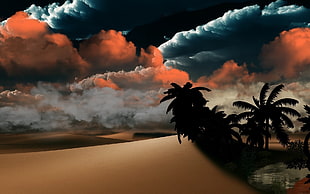 sand dunes and oasis wallpaper, sky, clouds, desert, palm trees