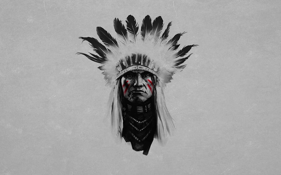 Native American illustration, Native Americans, headdress, selective coloring, simple background HD wallpaper