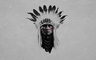 Native American illustration, Native Americans, headdress, selective coloring, simple background