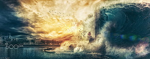 tidal wave digital art, apocalyptic, London, digital art, 500px HD wallpaper