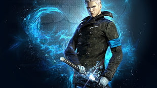 man in black coat holding katana cartoon character
