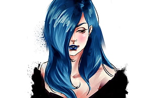 woman with blue hair wears black off-shoulder shirt