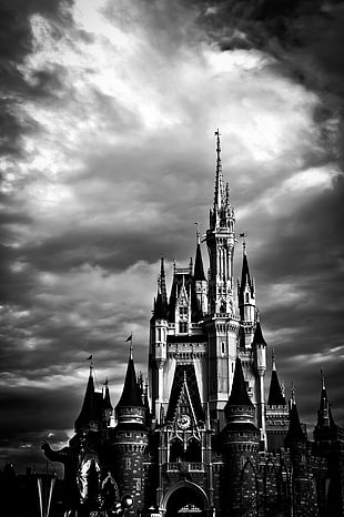 high-rise castle grayscale photo
