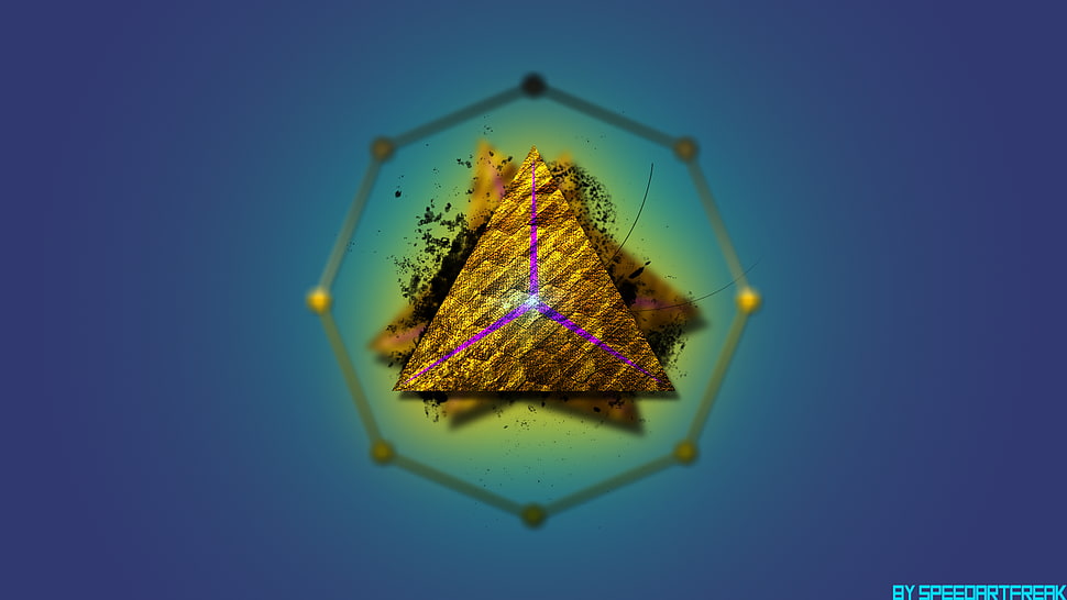 octagonal brown artwork, triangle, gold, blue, digital art HD wallpaper