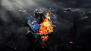 soldier in fire illustration HD wallpaper