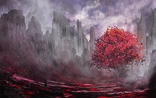 red leafed tree painting, trees, red, fantasy art, landscape