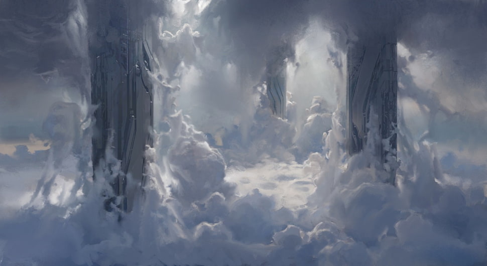 two gray pillars, Halo, clouds, science fiction, video games HD wallpaper