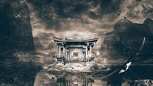 grayscale photo of temple, temple, fantasy art, Desktopography, building