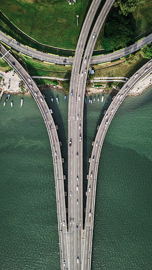 gray concrete bridges, drone photo, road, bridge, car