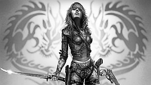 female game character illustration, wet, video games, monochrome, warrior