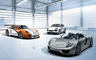 three gray, white, and orange vehicles, car, Porsche, Porsche 911 GT3, Porsche 918 Spyder
