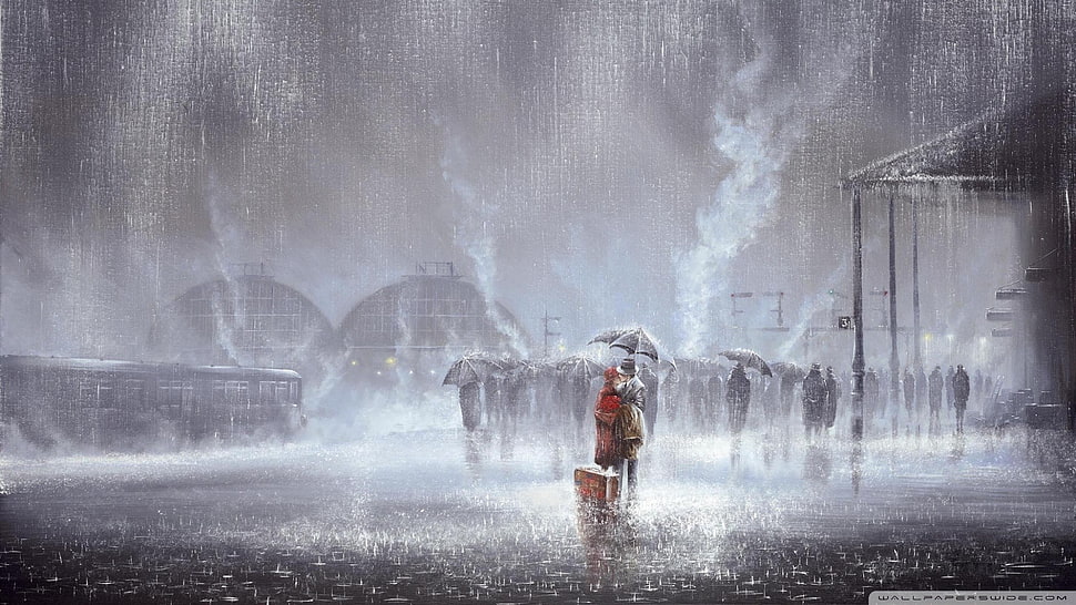group of people with umbrella, painting, rain, train station, kissing HD wallpaper
