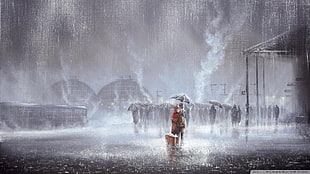 group of people with umbrella, painting, rain, train station, kissing