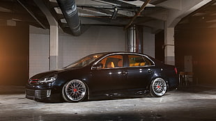 black sedan, car, rims, Volkswagen Jetta, Stance HD wallpaper